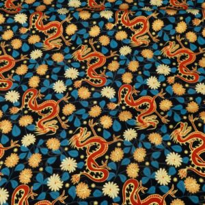 Stoff Baumwolle Dragon on black with gold