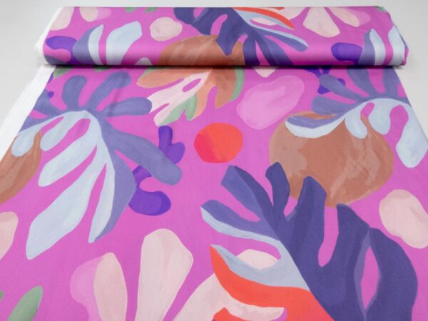 Stoff Viskosesatin Blätter pastellfuchsia-salbeigrün-orangerot – Bild 3