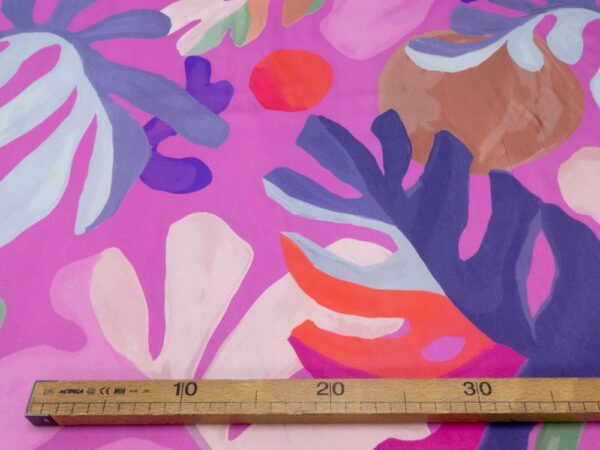 Stoff Viskosesatin Blätter pastellfuchsia-salbeigrün-orangerot – Bild 4
