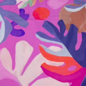 Stoff Viskosesatin Blätter pastellfuchsia-salbeigrün-orangerot