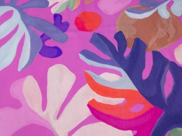 Stoff Viskosesatin Blätter pastellfuchsia-salbeigrün-orangerot