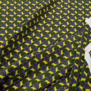 Stoff Seide Krepp de Chine Dreiecke-Wellen-Kreise dunkelgrün-violett-Bambusgelb