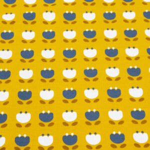 Stoff Organic Jersey Ätzdruck Blütenkopf safrangelb-blau-weiss