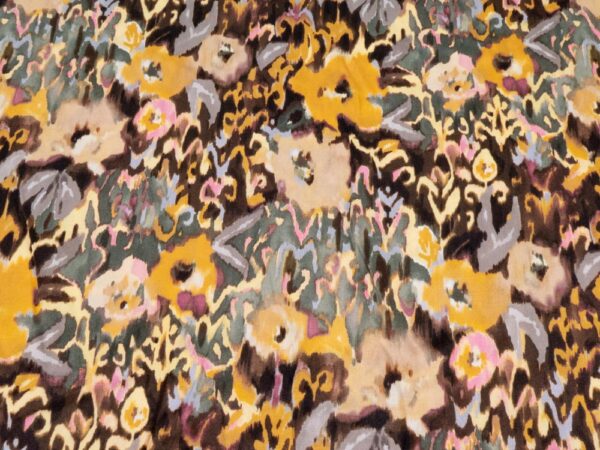 Stoff Viskosesatin Blumenikat braun-orange-rosa