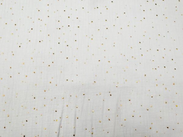 Stoff Double Gauze weiss "Nuschi"goldene Punkte