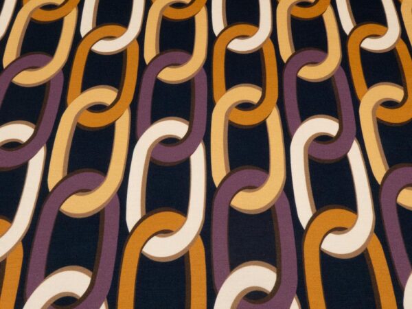 Stoff Romanit Viskose schwarz Retromuster Ketten mauve-ocker-hellbeige