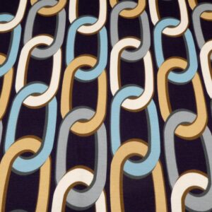 Stoff Romanit Viskose aubergin dunkel Retromuster Ketten hellblau-camel-ecru