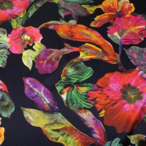 Stoff Seidensatin schwarz Blumen XXL