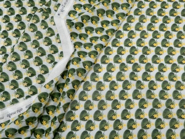 Stoff Baumwolle Voile  Blumen auf Blatt grün-gelb-weiss – Bild 2