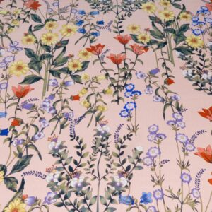Stoff Seidensatin el. Wiesenblumen auf rosa