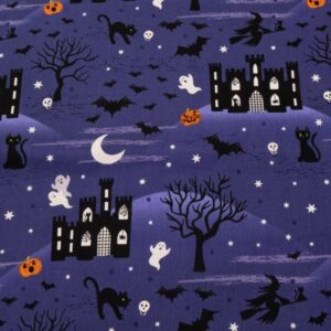 Stoff Halloween Castle Spocky glow in the dark - Schloss und Geister violett