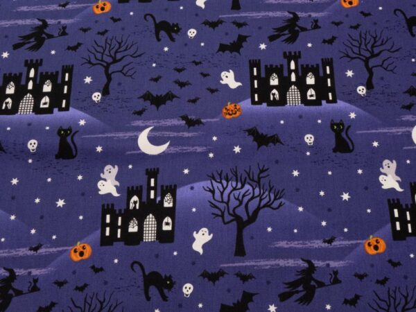 Stoff Halloween Castle Spocky glow in the dark - Schloss und Geister violett