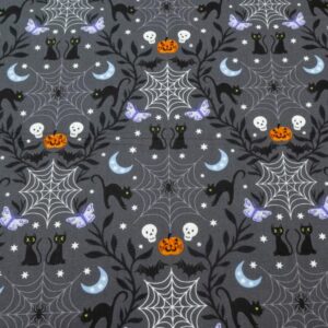 Stoff Halloween Castle Spocky glow in the dark - Katzen und Totenköpfe grau